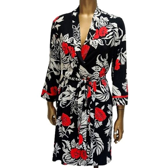Linea Donatella Floral Wrap Robe Black Red White S/M - Picture 1 of 9